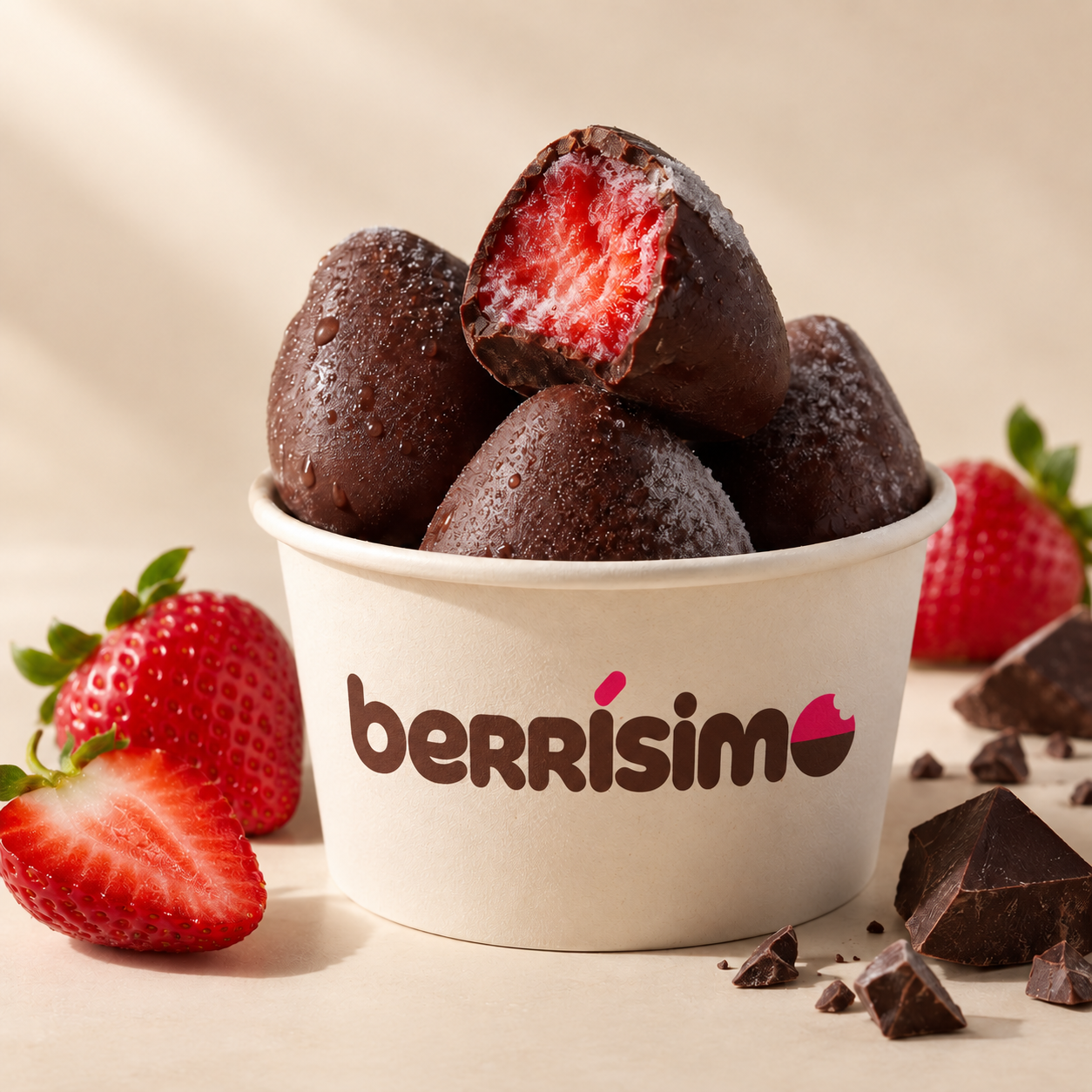 Vaso de fresas congeladas cubiertas de chocolate